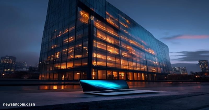 Cinematic photorealistic editorial photograph of Coinbase's San Francisco office exterior at dusk, shot from a low angle look