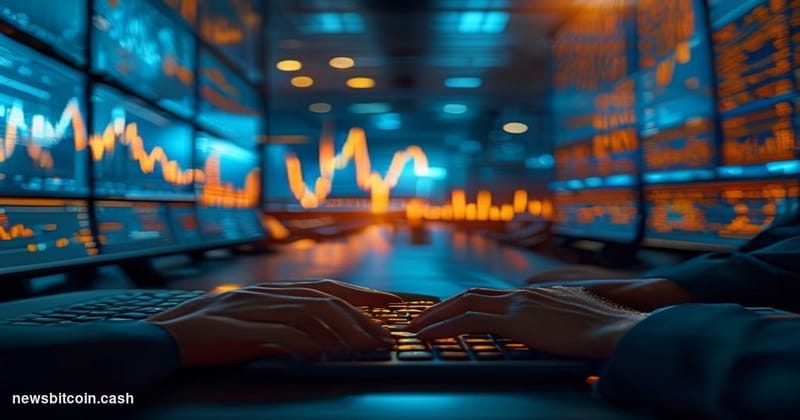Cinematic photorealistic editorial photograph of a large financial trading floor at dusk, lit by the cool blue glow of dozens