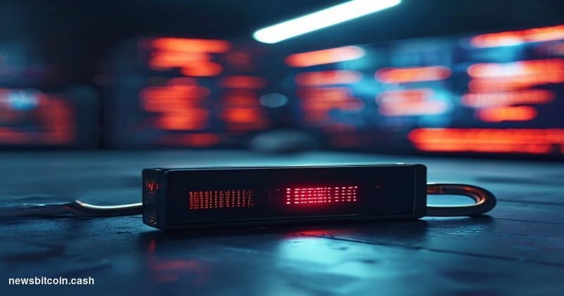 A cinematic photorealistic editorial photograph of a Coldcard hardware wallet device — the distinctive black rectangular form