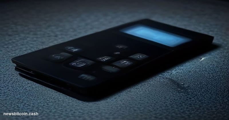 A cinematic photorealistic editorial photograph of a Coldcard hardware wallet device — its distinctive black rectangular form