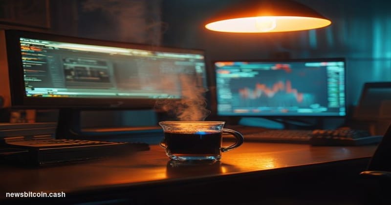Cinematic photorealistic editorial photograph of a vintage 1990s-era office desk scene bathed in warm amber tungsten light fr