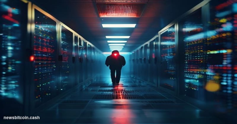 Cinematic photorealistic editorial photograph of a darkened server room corridor bathed in deep blue and amber emergency ligh