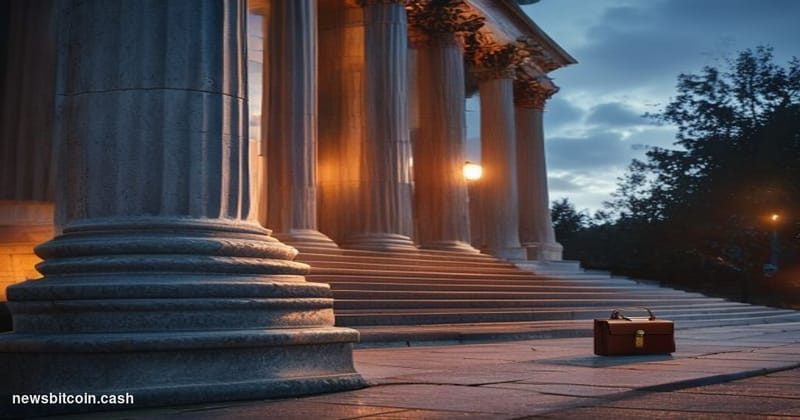Cinematic photorealistic editorial photograph of a federal courthouse exterior at dusk, dramatic low-angle shot with imposing