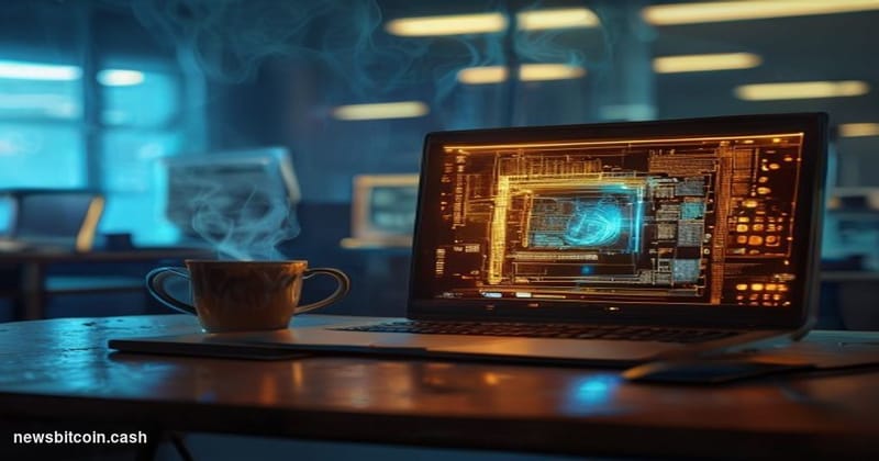 A cinematic photorealistic editorial photograph set in a dimly lit Cambridge University computer lab, circa-modern but with v