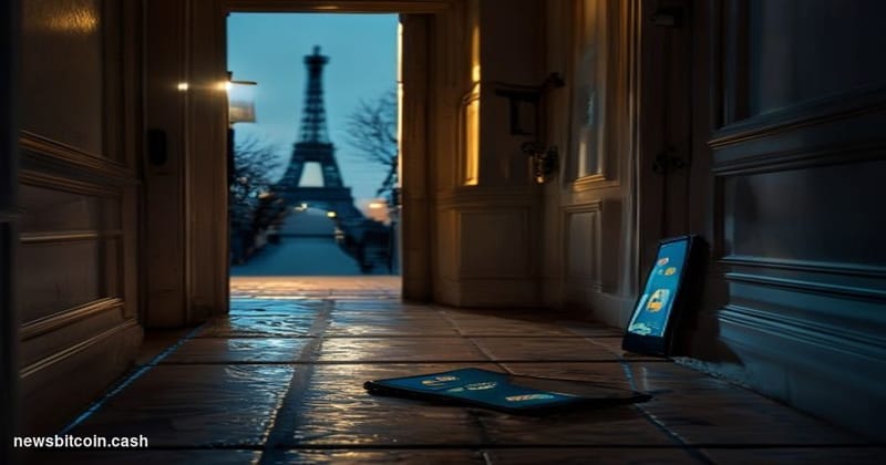 Cinematic photorealistic editorial photograph of a shadowy, dimly lit residential entryway in a classic Haussmann-style Paris