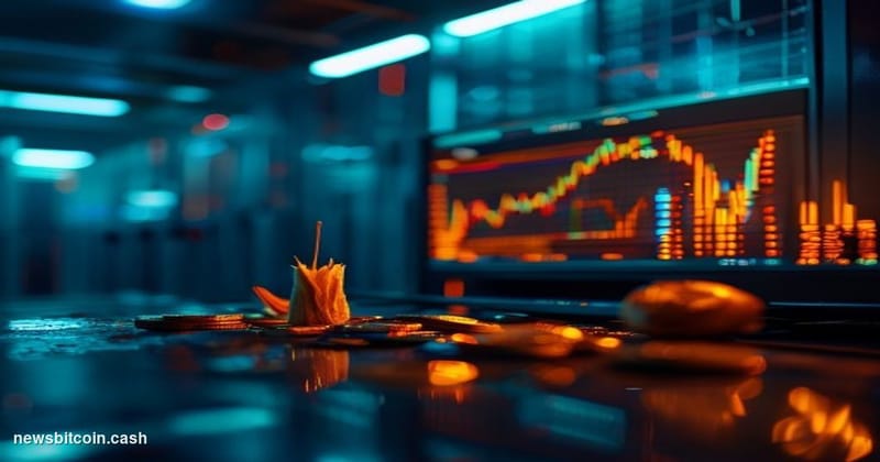 A cinematic photorealistic editorial photograph of a dimly lit trading terminal screen in a dark server room, displaying flat
