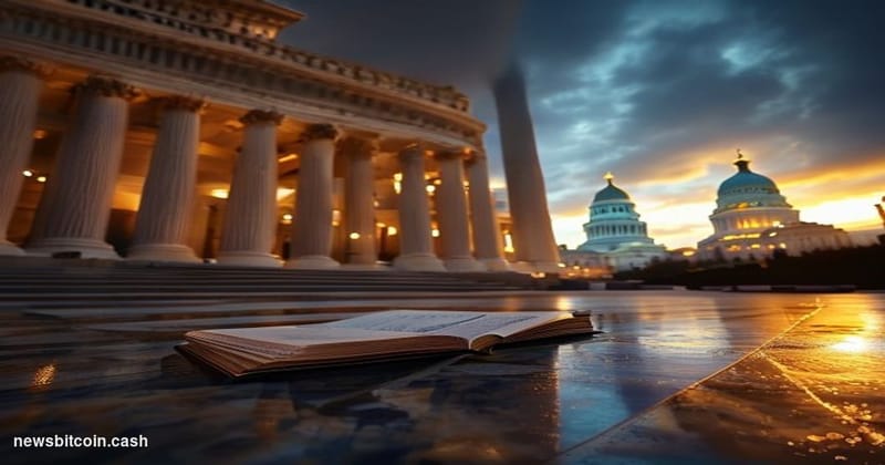 Cinematic photorealistic editorial photograph of the United States Capitol building at dusk, shot from a low angle looking up