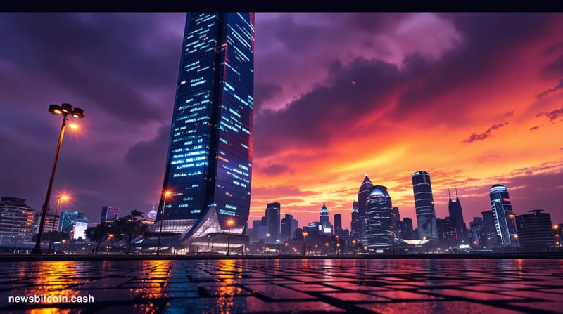 Cinematic photorealistic editorial photograph of a towering glass-and-steel corporate tower in Hangzhou or Beijing's financia