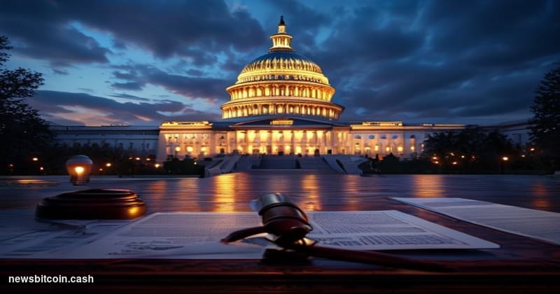 Cinematic photorealistic editorial photograph of the United States Capitol building at dusk, shot from a low angle looking up