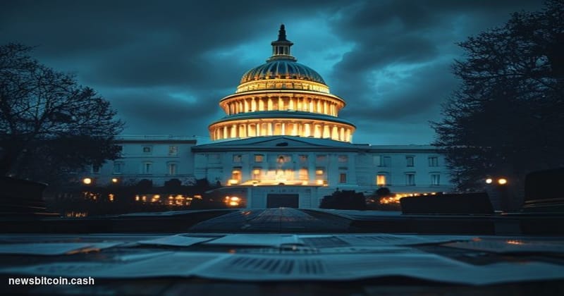 Cinematic photorealistic editorial photograph of the United States Capitol building at dusk, shot from a low angle with the d