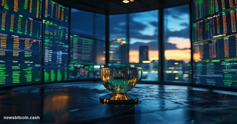 Cinematic photorealistic editorial photograph of a sleek, dimly lit cryptocurrency trading floor at night, shot from a low an