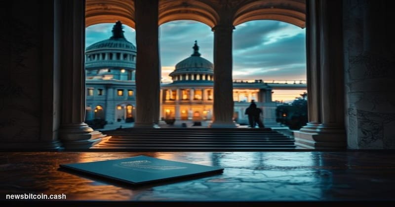 Cinematic photorealistic editorial photograph of the United States Capitol building at dusk, shot from a low angle with drama