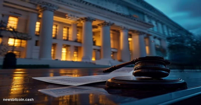 Cinematic photorealistic editorial photograph of the United States Department of Justice headquarters building in Washington 