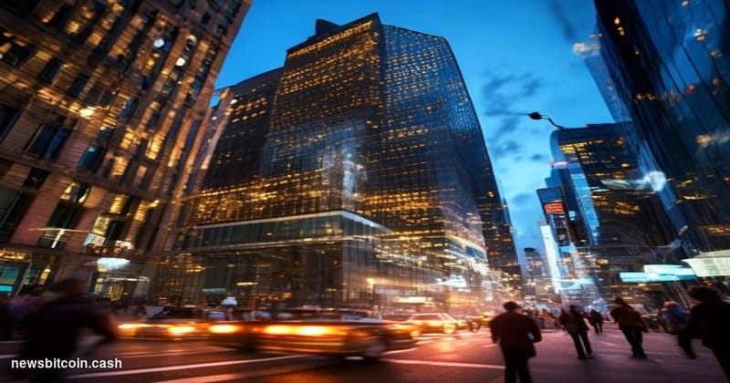 Cinematic photorealistic editorial photograph of the DTCC headquarters building in lower Manhattan, New York, shot from a low