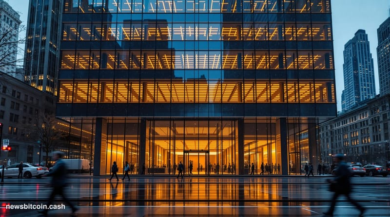 Cinematic photorealistic editorial photograph of the DTCC headquarters building at 55 Water Street in Lower Manhattan, New Yo