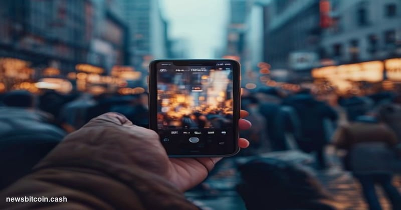 Cinematic photorealistic editorial photograph of a smartphone displaying a minimalist crypto wallet interface, held in a sing