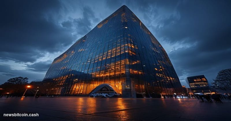 Cinematic photorealistic editorial photograph of the European Central Bank's modernist glass tower headquarters in Frankfurt,