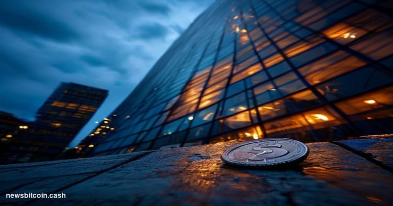 Cinematic photorealistic editorial photograph of the European Central Bank's iconic glass-and-steel headquarters tower in Fra
