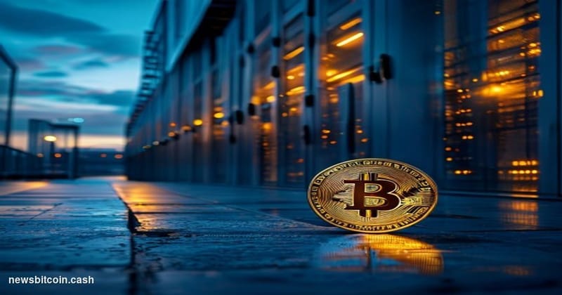 Cinematic photorealistic editorial photograph shot at ground level looking up at a modern corporate data center facility unde