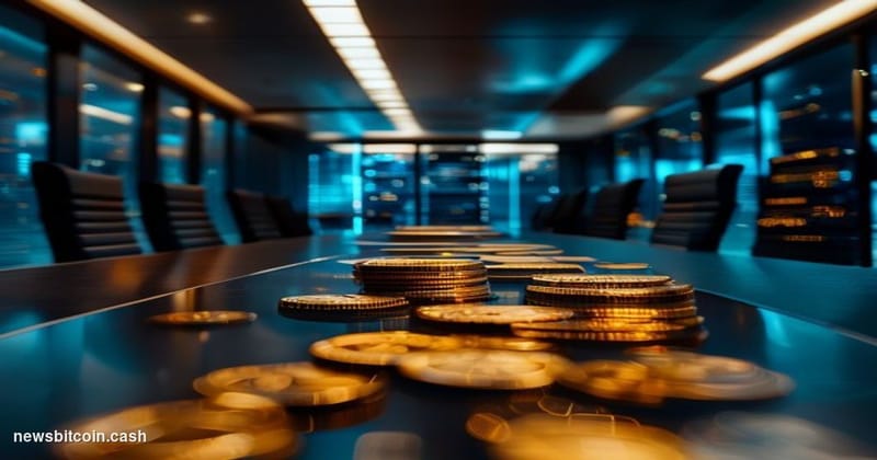 Cinematic photorealistic editorial photograph of a sleek Nasdaq-listed corporate boardroom at twilight, shot from a low angle