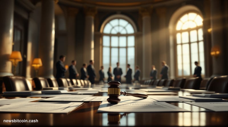A cinematic photorealistic editorial photograph set inside a grand European regulatory chamber or Brussels-style institutiona