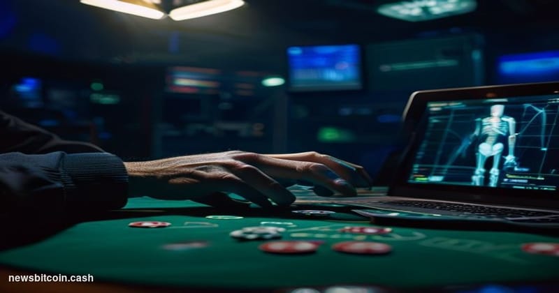 Cinematic photorealistic editorial photograph of a dimly lit, high-stakes poker table shot from a low camera angle looking up