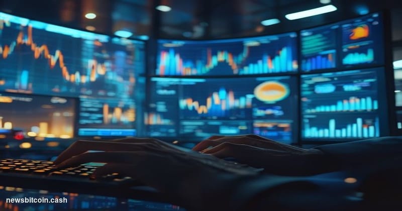 A cinematic photorealistic editorial photograph set in a dimly lit trading floor environment, with large curved monitors disp