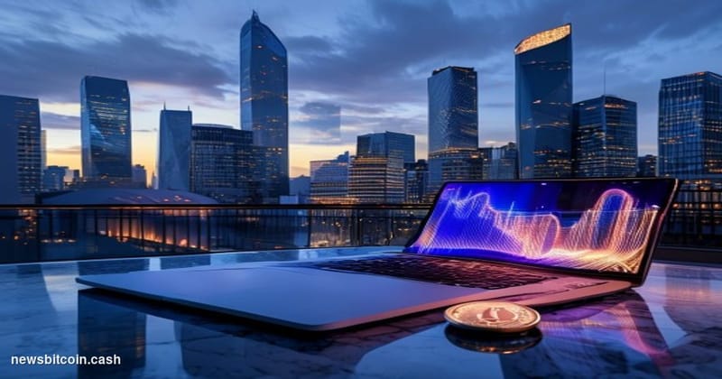 Cinematic photorealistic editorial photograph of the Frankfurt financial district skyline at dusk, the iconic Commerzbank Tow
