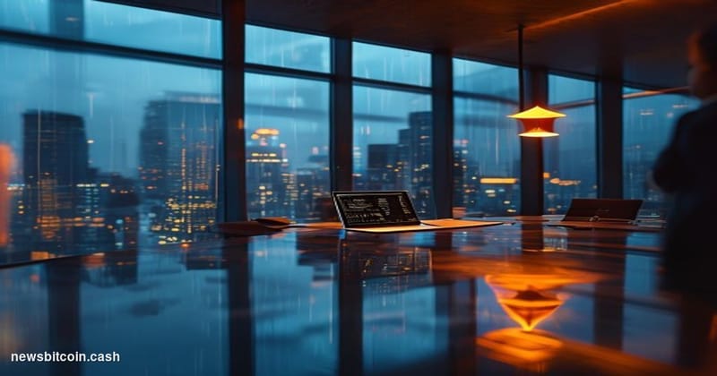 A cinematic photorealistic editorial photograph of the Ethereum Foundation's operational environment — a sleek, modern Europe