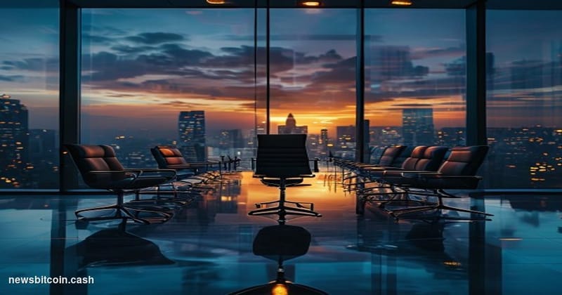 A cinematic photorealistic editorial photograph of a sleek modern boardroom with four high-backed executive chairs positioned