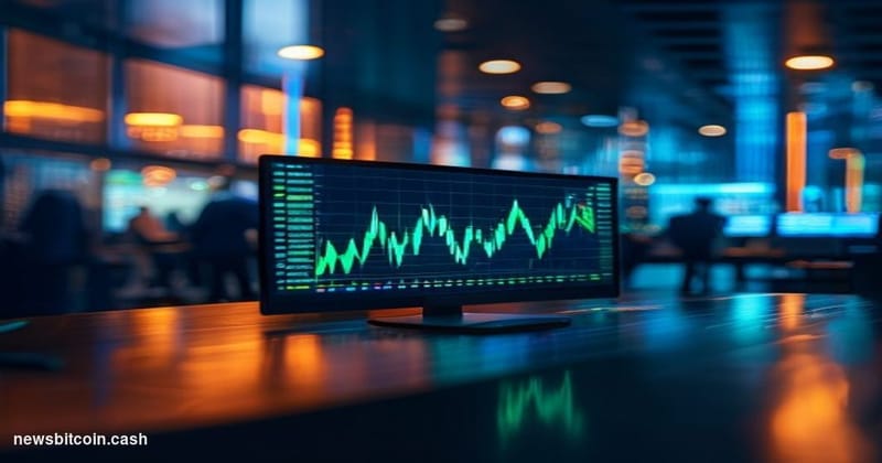 Cinematic photorealistic editorial photograph of a sleek ETRADE branded brokerage terminal screen in sharp focus in the foreg