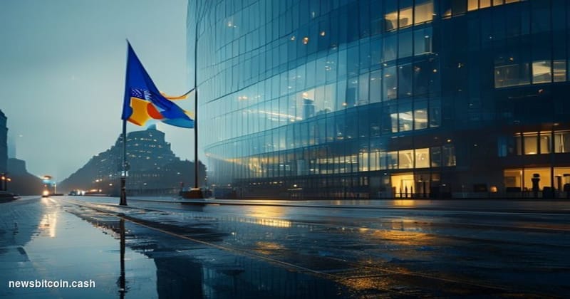 Cinematic photorealistic editorial photograph of the European Union's institutional quarter in Brussels, Belgium — the Berlay
