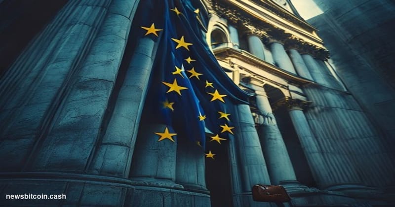 Cinematic photorealistic editorial photograph shot at ground level looking up at the imposing neoclassical facade of the Euro
