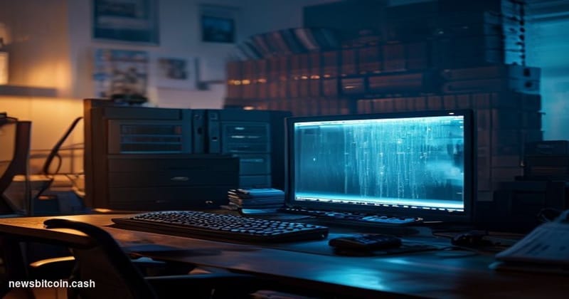 A cinematic photorealistic editorial photograph of a lone desktop computer tower humming in a dimly lit home office, its LED 