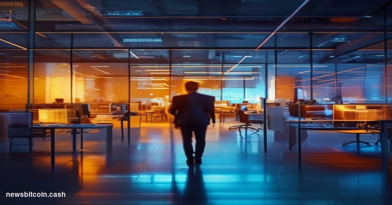 A dramatic cinematic editorial photograph of a modern crypto fintech office in a state of transition — some desks cleared, ot