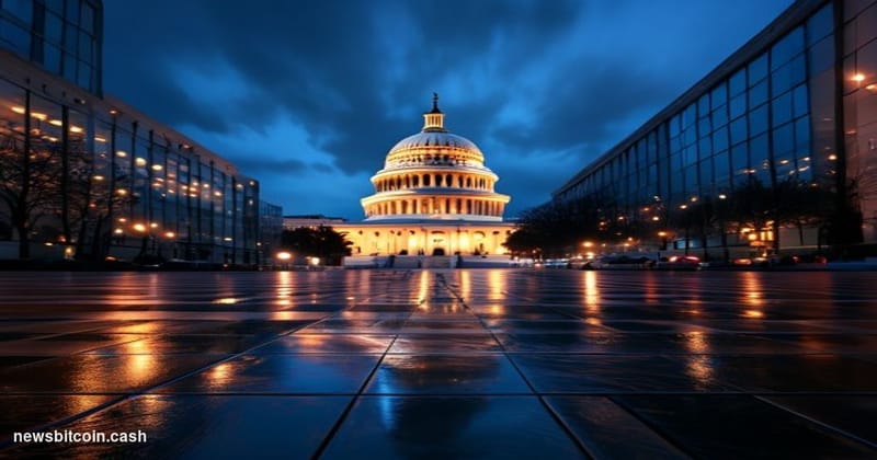 A cinematic photorealistic editorial photograph of the United States Capitol building at dusk, shot from a low angle looking 