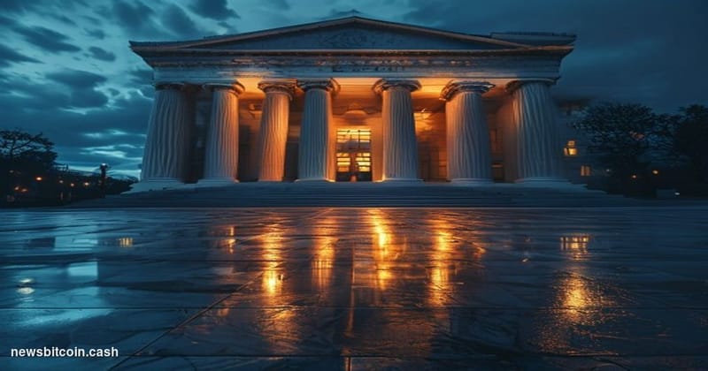 A cinematic photorealistic editorial photograph of the Federal Reserve's Eccles Building in Washington D.C., captured from a 