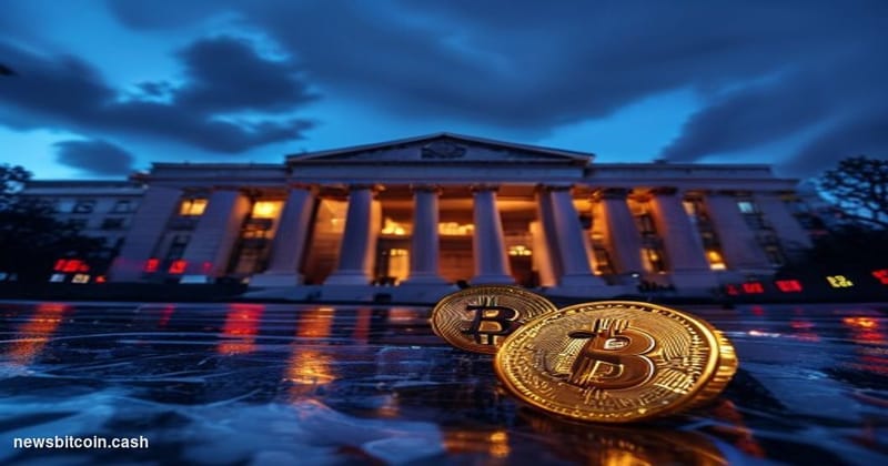 Cinematic photorealistic editorial photograph of the Federal Reserve Building in Washington D.C. shot from a low angle at dus