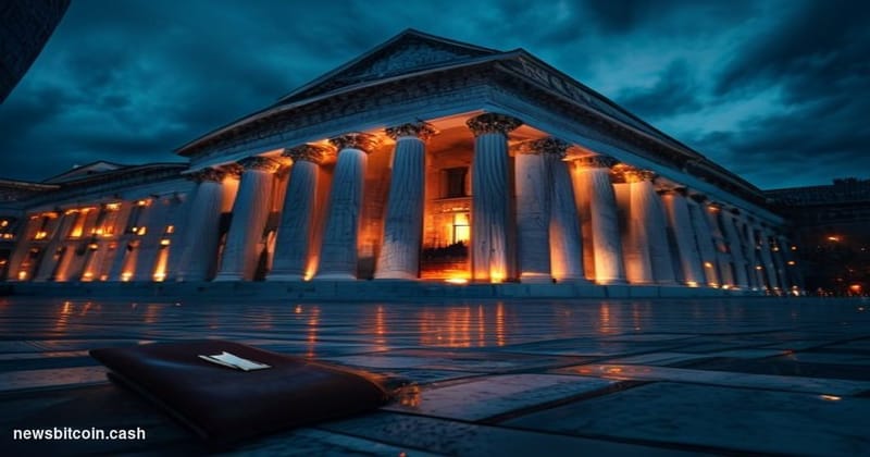 Cinematic photorealistic editorial photograph of the Federal Reserve Building in Washington D.C. at dusk, shot from a low wid