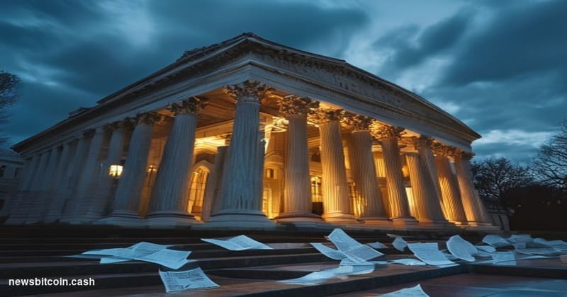 Cinematic photorealistic editorial photograph of the Federal Reserve's Eccles Building in Washington D.C., shot from a low an