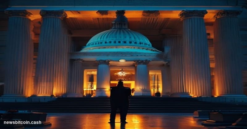 Cinematic photorealistic editorial photograph of the United States Senate chamber's ornate exterior facade in Washington D.C.