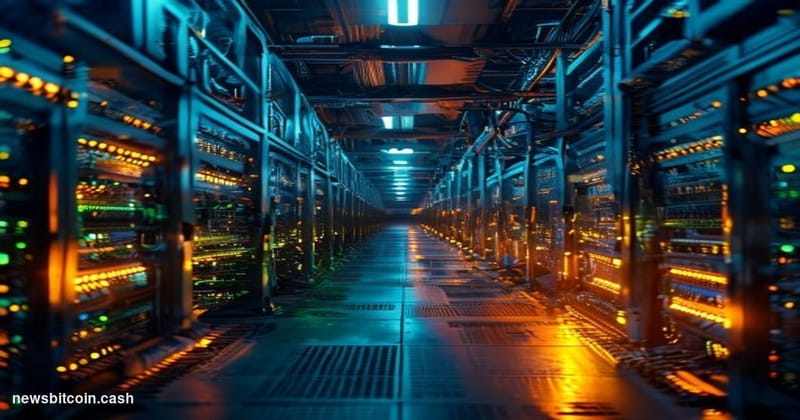 A cinematic photorealistic editorial photograph set inside a massive industrial Bitcoin mining facility, shot from a low angl