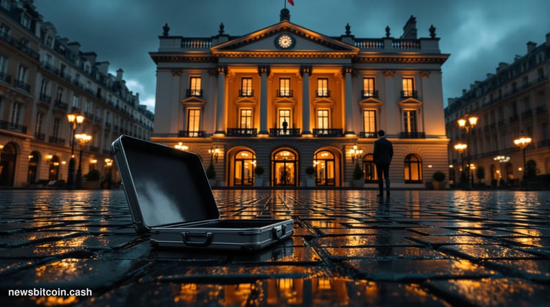 Cinematic photorealistic editorial photograph of a rain-slicked Parisian street at dusk, with the imposing neoclassical facad