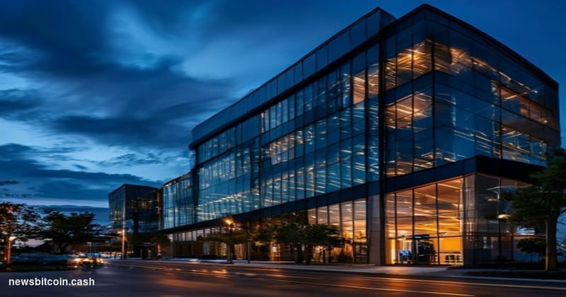 Cinematic photorealistic editorial photograph of the Franklin Templeton headquarters building exterior in San Mateo, Californ