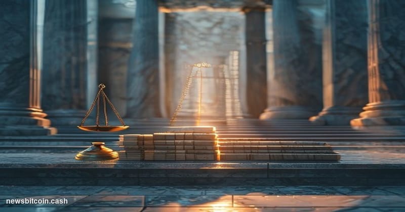 A cinematic photorealistic editorial photograph of a federal bankruptcy courthouse steps at golden hour, with a single weathe