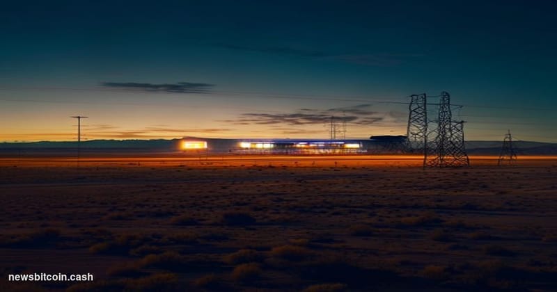 Cinematic photorealistic editorial photograph of a vast West Texas landscape at dusk, with a large modern football stadium ri