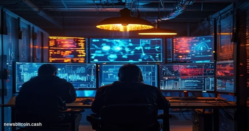 Cinematic photorealistic editorial photograph of a dark, moody server room bathed in deep blue and amber emergency lighting, 