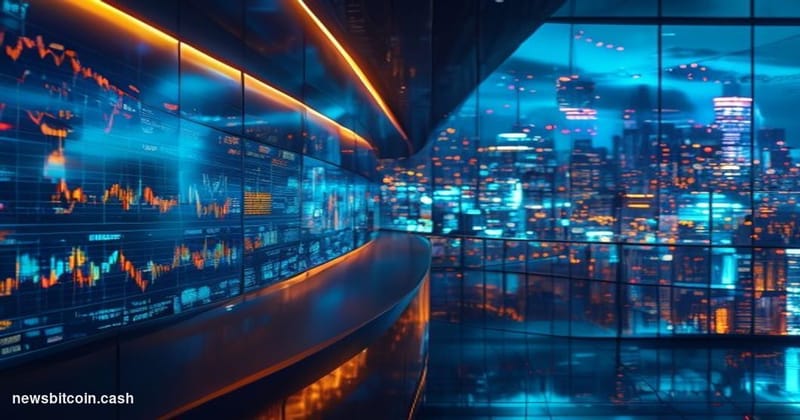 Cinematic photorealistic editorial photograph of a sleek, modern financial technology trading floor bathed in cool blue and a