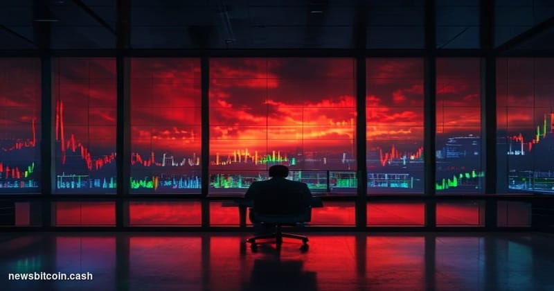 Cinematic photorealistic editorial photograph of a large financial trading floor seen through floor-to-ceiling glass windows 