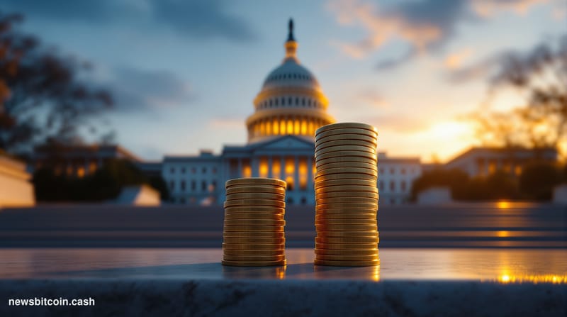 Cinematic photorealistic editorial photograph of the United States Capitol building at dusk, shot from a low angle with drama